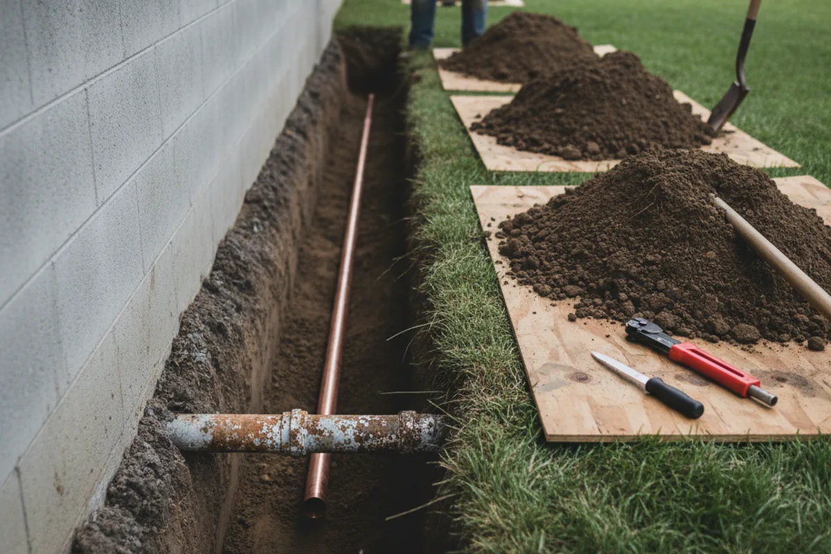 Excavated water line trench during Water Softener Installation in Eastern